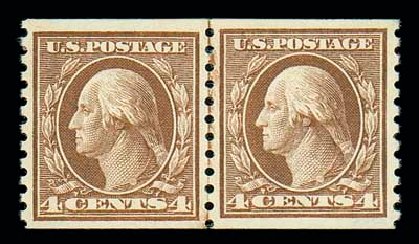 US Stamps Values Scott Catalog 457 - 1915 4c Washington Coil Perf 10 Vertically. Matthew Bennett International, Dec 2007, Sale 325, Lot 2110