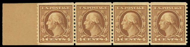 US Stamps Prices Scott Cat. 457: 1915 4c Washington Coil Perf 10 Vertically. Daniel Kelleher Auctions, Jul 2011, Sale 625, Lot 981