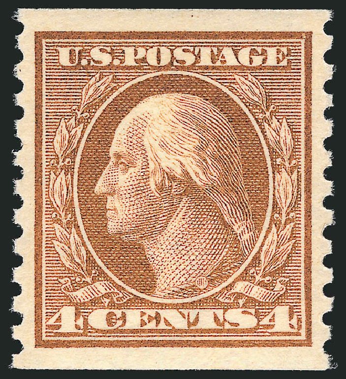 Cost of US Stamp Scott 457: 1915 4c Washington Coil Perf 10 Vertically. Robert Siegel Auction Galleries, Nov 2013, Sale 1061, Lot 3934