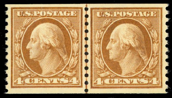 US Stamps Price Scott Catalogue 457 - 4c 1915 Washington Coil Perf 10 Vertically. Daniel Kelleher Auctions, Sep 2013, Sale 639, Lot 1175
