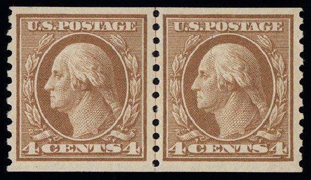 Prices of US Stamp Scott Cat. # 457: 4c 1915 Washington Coil Perf 10 Vertically. Spink Shreves Galleries, Aug 2013, Sale 144, Lot 255