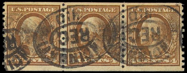 US Stamps Values Scott 457 - 1915 4c Washington Coil Perf 10 Vertically. Daniel Kelleher Auctions, Jul 2011, Sale 625, Lot 982