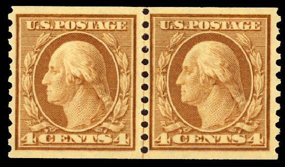 Cost of US Stamps Scott Catalogue 457: 4c 1915 Washington Coil Perf 10 Vertically. Daniel Kelleher Auctions, Dec 2012, Sale 633, Lot 813