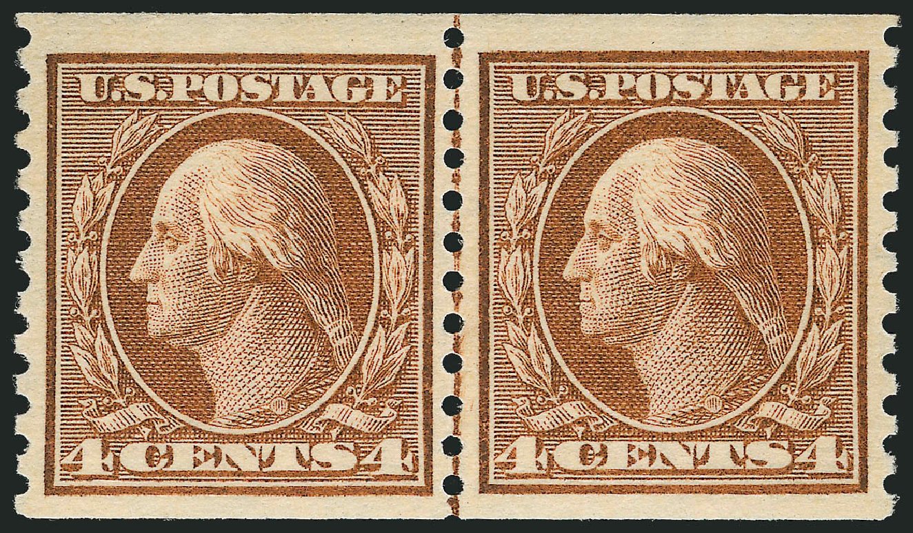 US Stamp Values Scott Catalogue # 457: 1915 4c Washington Coil Perf 10 Vertically. Robert Siegel Auction Galleries, Nov 2012, Sale 1034, Lot 426