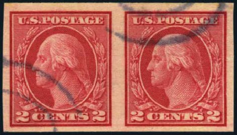 US Stamp Values Scott Catalog #459: 2c 1914 Washington Coil Imperf. Harmer-Schau Auction Galleries, Jan 2013, Sale 96, Lot 572