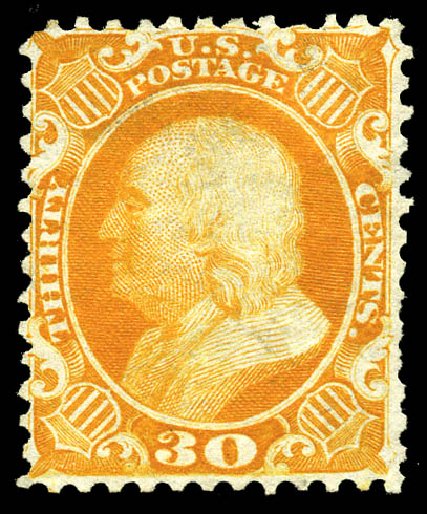 Value of US Stamp Scott Catalog # 46 - 30c 1875 Franklin Reprint. Matthew Bennett International, May 2014, Sale 350, Lot 97