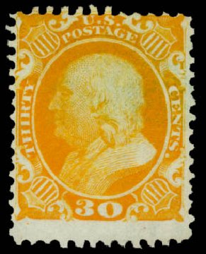 US Stamps Values Scott Catalog # 46: 1875 30c Franklin Reprint. Daniel Kelleher Auctions, May 2014, Sale 652, Lot 137