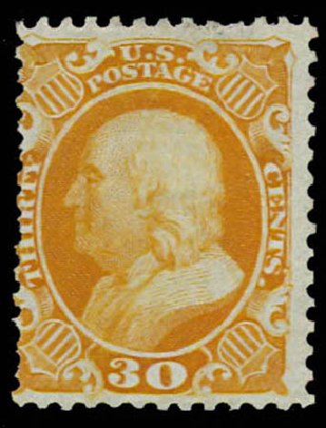 Prices of US Stamp Scott Catalog 46 - 30c 1875 Franklin Reprint. Daniel Kelleher Auctions, Oct 2011, Sale 626, Lot 78