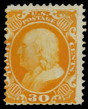Value of US Stamp Scott Catalogue 46: 1875 30c Franklin Reprint. Daniel Kelleher Auctions, Oct 2012, Sale 632, Lot 974
