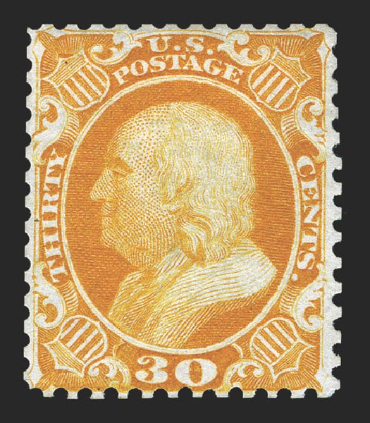 US Stamps Values Scott 46: 30c 1875 Franklin Reprint. Spink Shreves Galleries, Mar 2013, Sale 142, Lot 163