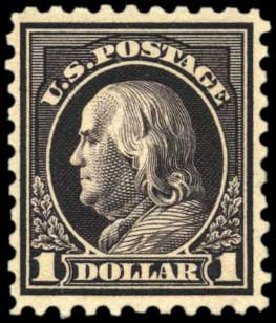 Costs of US Stamps Scott Cat. #460: US$1.00 1916 Franklin Perf 10. Harmer-Schau Auction Galleries, Oct 2010, Sale 87, Lot 307