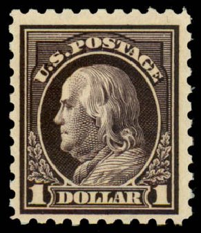 Costs of US Stamp Scott Catalogue #460: US$1.00 1916 Franklin Perf 10. Daniel Kelleher Auctions, Dec 2013, Sale 640, Lot 399