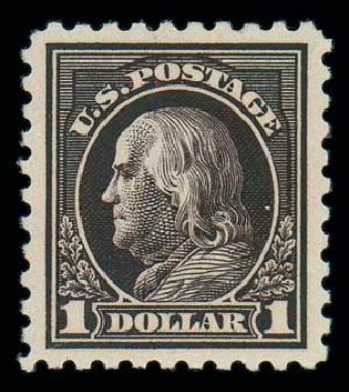 Values of US Stamps Scott Cat. 460: 1916 US$1.00 Franklin Perf 10. Matthew Bennett International, Oct 2007, Sale 322, Lot 2230