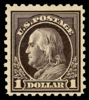 US Stamps Values Scott 460: US$1.00 1916 Franklin Perf 10. Daniel Kelleher Auctions, Apr 2013, Sale 636, Lot 360