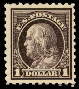 Value of US Stamp Scott 460 - US$1.00 1916 Franklin Perf 10. Daniel Kelleher Auctions, Sep 2013, Sale 639, Lot 1180