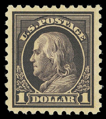 Costs of US Stamp Scott Cat. # 460: 1916 US$1.00 Franklin Perf 10. Matthew Bennett International, Sep 2012, Sale 346, Lot 841
