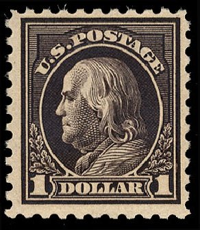 Values of US Stamps Scott Catalogue # 460 - 1916 US$1.00 Franklin Perf 10. Cherrystone Auctions, Apr 2012, Sale 201204, Lot 121