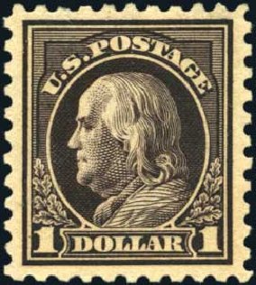Value of US Stamp Scott Catalog #460: 1916 US$1.00 Franklin Perf 10. Harmer-Schau Auction Galleries, Aug 2012, Sale 94, Lot 1561