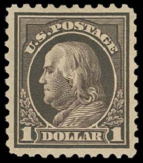 Value of US Stamps Scott 460: US$1.00 1916 Franklin Perf 10. H.R. Harmer, Oct 2014, Sale 3006, Lot 1371