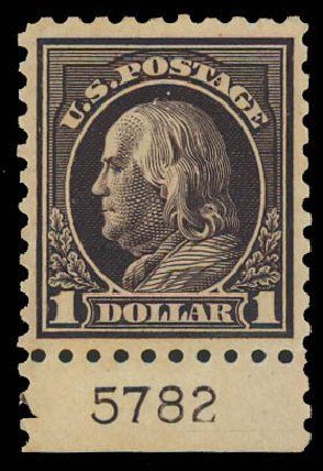 US Stamps Prices Scott Cat. 460 - 1916 US$1.00 Franklin Perf 10. Daniel Kelleher Auctions, Jun 2012, Sale 630, Lot 1851