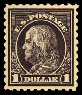 US Stamp Value Scott Cat. #460 - 1916 US$1.00 Franklin Perf 10. Daniel Kelleher Auctions, Dec 2012, Sale 633, Lot 821