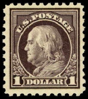 Costs of US Stamps Scott Catalog 460: US$1.00 1916 Franklin Perf 10. Daniel Kelleher Auctions, Sep 2014, Sale 655, Lot 514