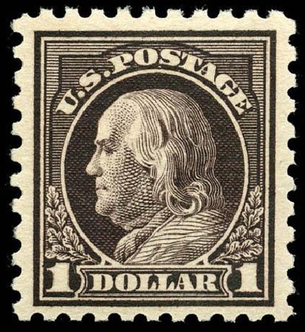 Value of US Stamps Scott Cat. 460 - 1916 US$1.00 Franklin Perf 10. Matthew Bennett International, Apr 2008, Sale 326, Lot 425
