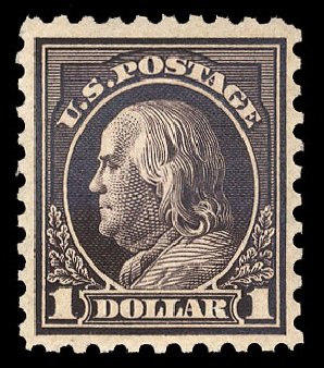 Values of US Stamps Scott Cat. # 460: US$1.00 1916 Franklin Perf 10. Cherrystone Auctions, Apr 2009, Sale 200904, Lot 95