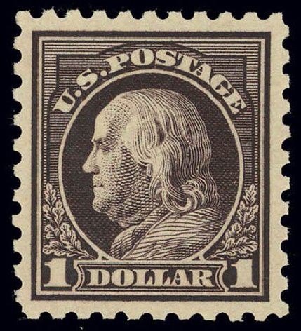 Cost of US Stamps Scott Catalogue # 460 - US$1.00 1916 Franklin Perf 10. Daniel Kelleher Auctions, Feb 2013, Sale 634, Lot 292