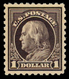 Prices of US Stamp Scott Cat. 460 - 1916 US$1.00 Franklin Perf 10. Daniel Kelleher Auctions, Sep 2013, Sale 639, Lot 3582