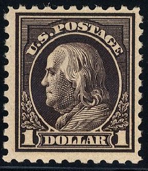 US Stamp Value Scott Catalog 460: US$1.00 1916 Franklin Perf 10. Cherrystone Auctions, Jan 2008, Sale 200801, Lot 1223