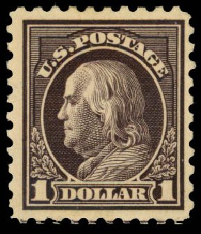 Value of US Stamps Scott #460: US$1.00 1916 Franklin Perf 10. Daniel Kelleher Auctions, Oct 2014, Sale 660, Lot 2383