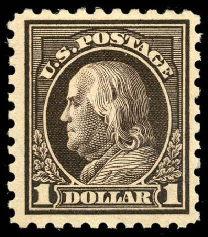 Cost of US Stamps Scott Catalog #460: US$1.00 1916 Franklin Perf 10. Matthew Bennett International, Apr 2008, Sale 326, Lot 426