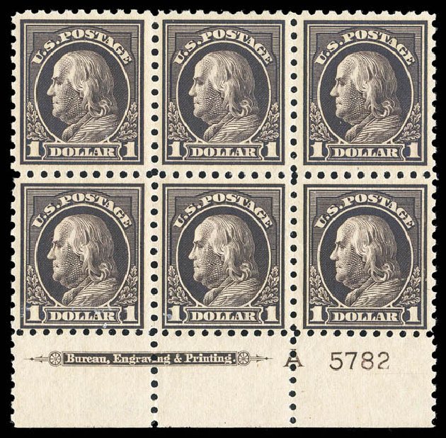 Value of US Stamps Scott #460 - 1916 US$1.00 Franklin Perf 10. Matthew Bennett International, Sep 2012, Sale 345, Lot 356