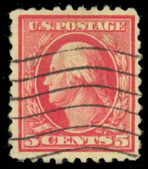 US Stamp Values Scott Catalog #467 - 5c 1917 Washington Perf 10 error. Daniel Kelleher Auctions, May 2014, Sale 652, Lot 684