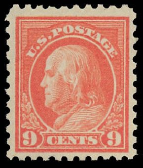 Value of US Stamp Scott # 471: 1916 9c Franklin Perf 10. Daniel Kelleher Auctions, Oct 2012, Sale 632, Lot 1372