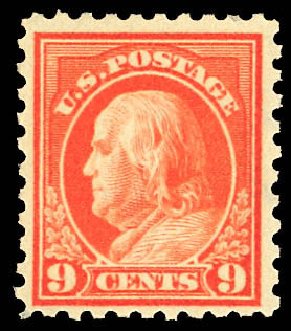 US Stamps Values Scott Cat. 471: 9c 1916 Franklin Perf 10. Daniel Kelleher Auctions, Dec 2012, Sale 633, Lot 842