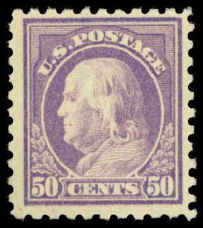 Costs of US Stamps Scott Catalog #477: 1917 50c Franklin Perf 10. Daniel Kelleher Auctions, Dec 2014, Sale 661, Lot 388