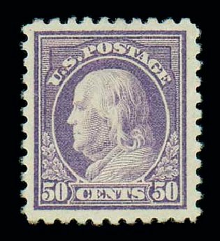 Values of US Stamps Scott Cat. #477: 50c 1917 Franklin Perf 10. Matthew Bennett International, Oct 2007, Sale 320, Lot 581
