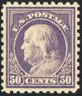 Values of US Stamp Scott Catalogue #477: 1917 50c Franklin Perf 10. Cherrystone Auctions, Jan 2008, Sale 200801, Lot 1225