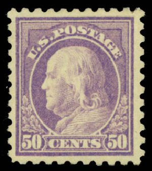 Prices of US Stamp Scott Cat. #477: 1917 50c Franklin Perf 10. Daniel Kelleher Auctions, Sep 2014, Sale 655, Lot 522