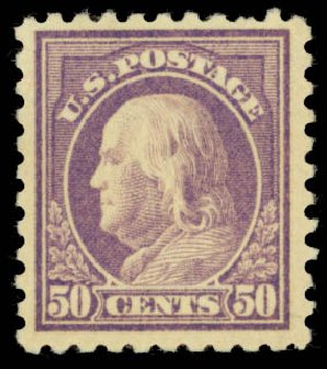 Value of US Stamps Scott 477 - 50c 1917 Franklin Perf 10. Daniel Kelleher Auctions, Sep 2013, Sale 639, Lot 1186