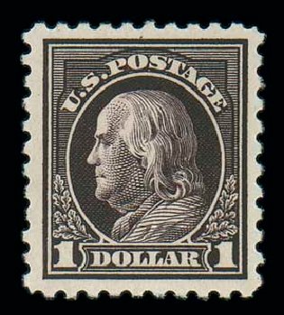 Cost of US Stamp Scott Cat. 478: 1916 US$1.00 Franklin Perf 10. Matthew Bennett International, Dec 2007, Sale 324, Lot 1217