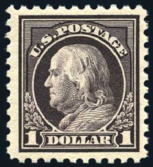 US Stamp Values Scott Cat. #478 - 1916 US$1.00 Franklin Perf 10. Harmer-Schau Auction Galleries, Aug 2011, Sale 90, Lot 1537