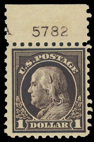 Value of US Stamp Scott Catalogue # 478: US$1.00 1916 Franklin Perf 10. Daniel Kelleher Auctions, Apr 2012, Sale 629, Lot 357