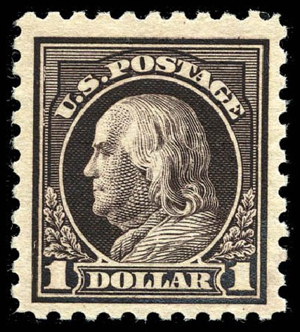 Values of US Stamp Scott Cat. 478: 1916 US$1.00 Franklin Perf 10. Matthew Bennett International, Mar 2012, Sale 344, Lot 4618