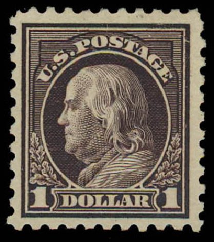 US Stamps Values Scott Cat. # 478: 1916 US$1.00 Franklin Perf 10. Daniel Kelleher Auctions, Oct 2011, Sale 626, Lot 398