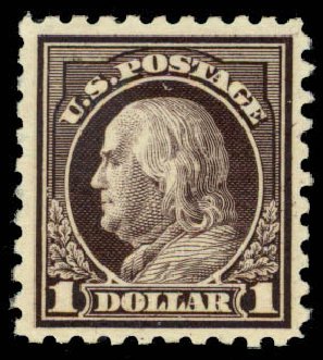 US Stamps Prices Scott # 478 - US$1.00 1916 Franklin Perf 10. Daniel Kelleher Auctions, Apr 2013, Sale 636, Lot 368
