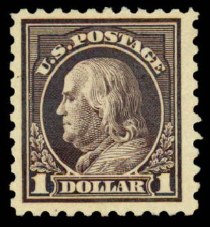 Values of US Stamp Scott Cat. #478 - US$1.00 1916 Franklin Perf 10. Daniel Kelleher Auctions, Sep 2013, Sale 639, Lot 3598