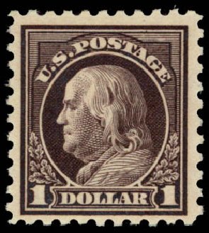 US Stamps Values Scott Catalog 478: 1916 US$1.00 Franklin Perf 10. Daniel Kelleher Auctions, Jan 2015, Sale 663, Lot 1828